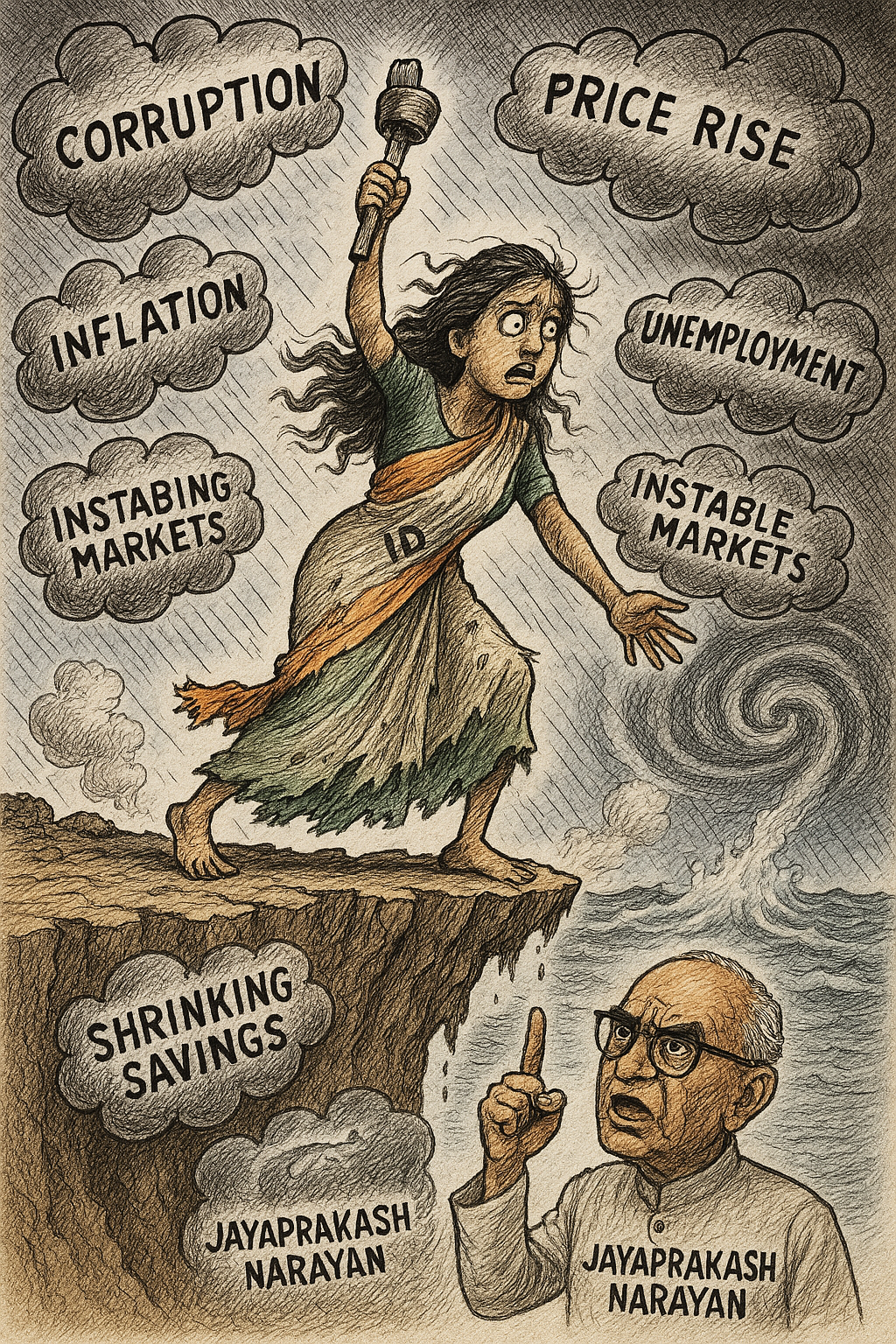 భారతదేశం అంతర్గత పతనం ప్రజాగ్రహంతో కూడి ఉంటుంది, ప్రతిపక్షం అధికారంలోకి రావచ్చు, కానీ దాని స్వంత అనైక్యత, విచిత్రమైన పాలన, చంచలమైన జనాభా మరియు స్పష్టమైన రక్షకుడు లేకపోవడం దానికి దూరపు కలగా మారుతుంది. అవినీతి, పెరుగుతున్న ధరలు, ద్రవ్యోల్బణం, నిరుద్యోగం, అస్థిర మార్కెట్లు, కుంచించుకుపోతున్న వ్యక్తిగత పొదుపులతో భారతదేశం అంచున నడుస్తున్న చిత్రం తుఫానులో అలజడి సృష్టిస్తోంది. 1970వ దశకంలో జయప్రకాశ్ నారాయణ్ ఇచ్చిన పిలుపు మేరకు 'రెండో సంపూర్ణ విప్లవానికి' ఇవి అనుకూలం.